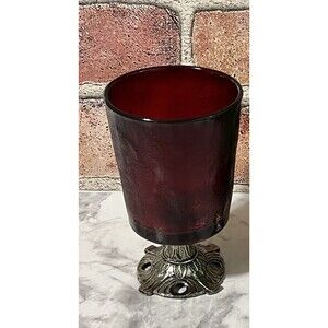Vintage Red Textured Glass Goblet Pedestal Candle Holder Silver Tone Ornate Foot